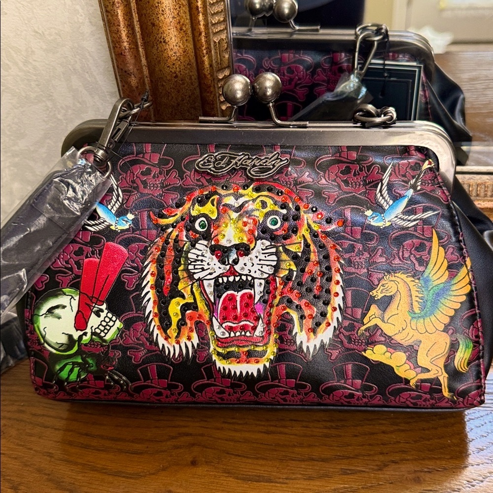 Ed Hardy Multicolor Rhinestone Tiger Graphic Tote/clutch Handbag. Tattoo pattern